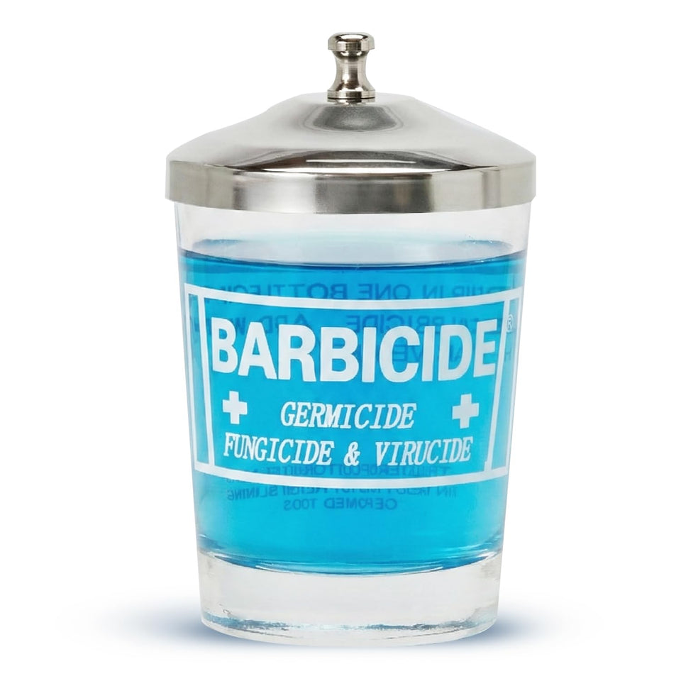 BARBICIDE front view of glass jar showing clear body and stainless steel lid for visible solution monitoring