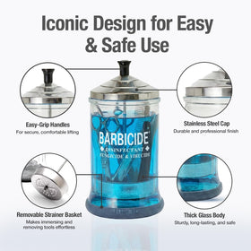 BARBICIDE thick-walled glass side angle highlighting durability and visible solution monitoring benefit