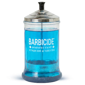 BARBICIDE midsize jar front view showing clear glass and stainless lid, professional presentation benefit