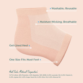 Bare August socks beside foot butter showing how to apply before use