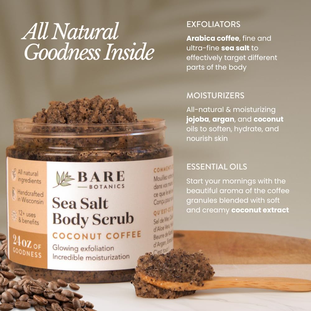 Bare Botanics close-up of coffee granules and sea salt for effective polishing