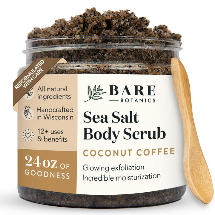 Bare Botanics front jar showing coconut coffee scrub and large size benefit