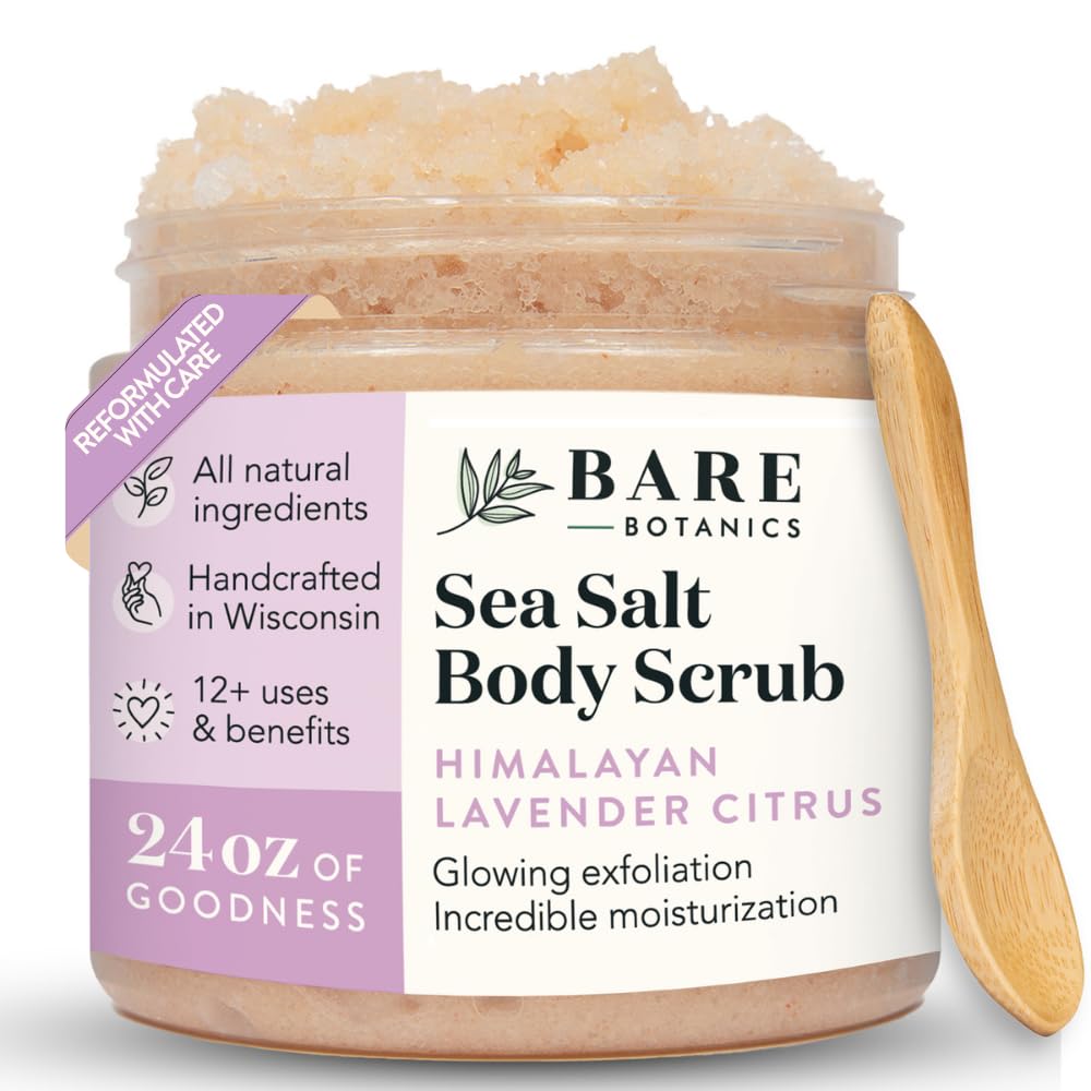 Bare Botanics front jar showing lavender citrus scrub and big 24oz size benefit