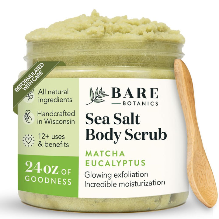 Bare Botanics front jar showing matcha eucalyptus label and benefits