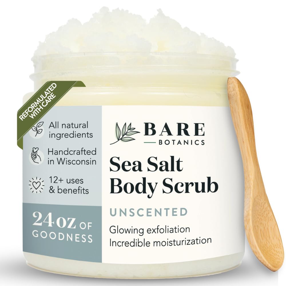 Bare Botanics front jar view shows unscented scrub and long-lasting 24oz size benefit