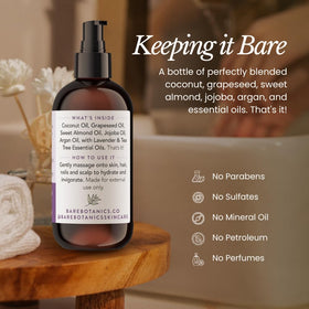 BARE BOTANICS applied to hair ends illustrating frizz control and shine benefit