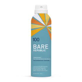 Bare Republic front packaging of SPF 100 spray showing label and size, protects skin