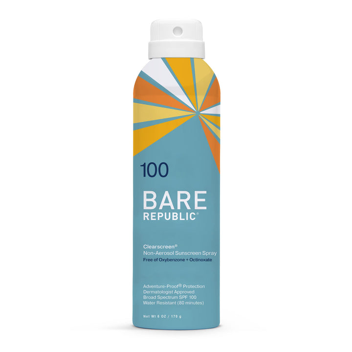 Bare Republic front packaging of SPF 100 spray showing label and size, protects skin