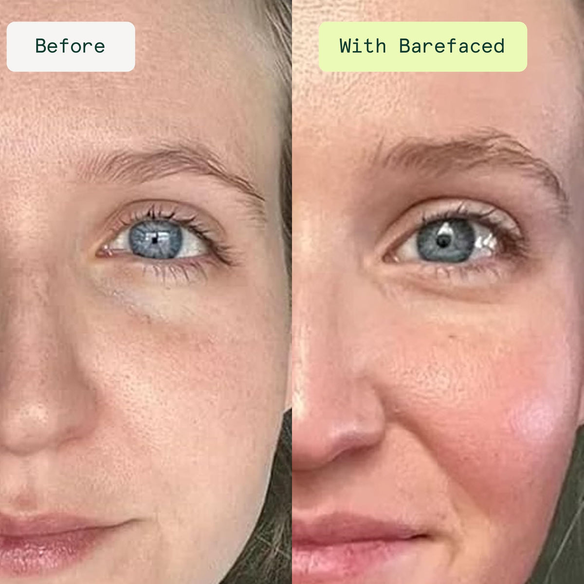 Barefaced before and after tint comparison showing evening of skin tone