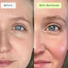 Barefaced before and after tint comparison showing evening of skin tone