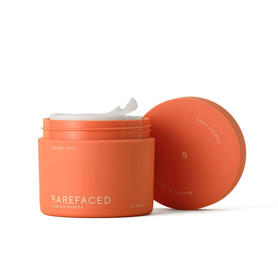 Barefaced front packaging showing tub of 60 pads and benefits