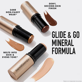 bareMinerals half-face before and after application, demonstrates evening and brightening