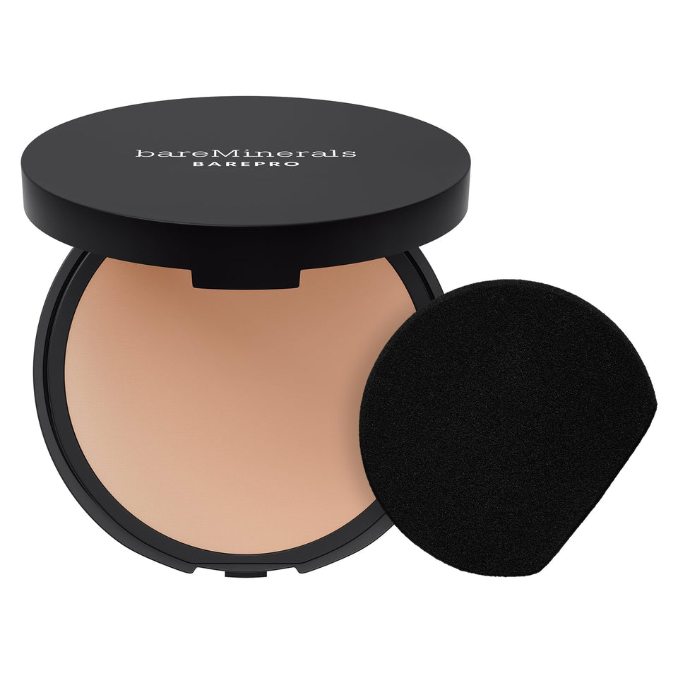bareMinerals compact front view showing sleek case and shade label, travel-friendly benefit