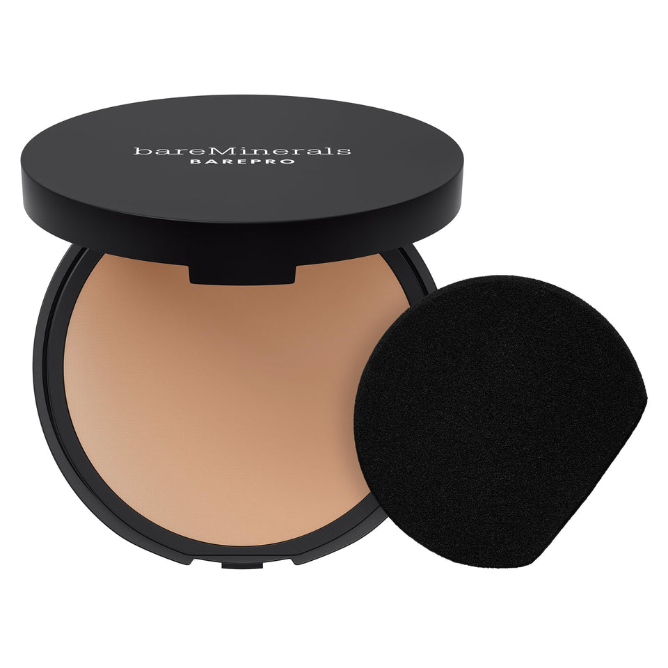 bareMinerals compact front view showing sleek matte case and branding benefit portable coverage