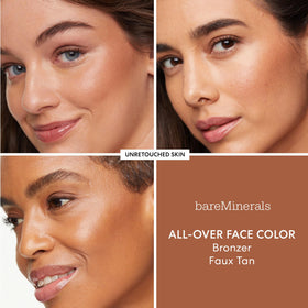 bareMinerals bronzer in use on cheeks demonstrating natural sun-kissed warmth and blendability
