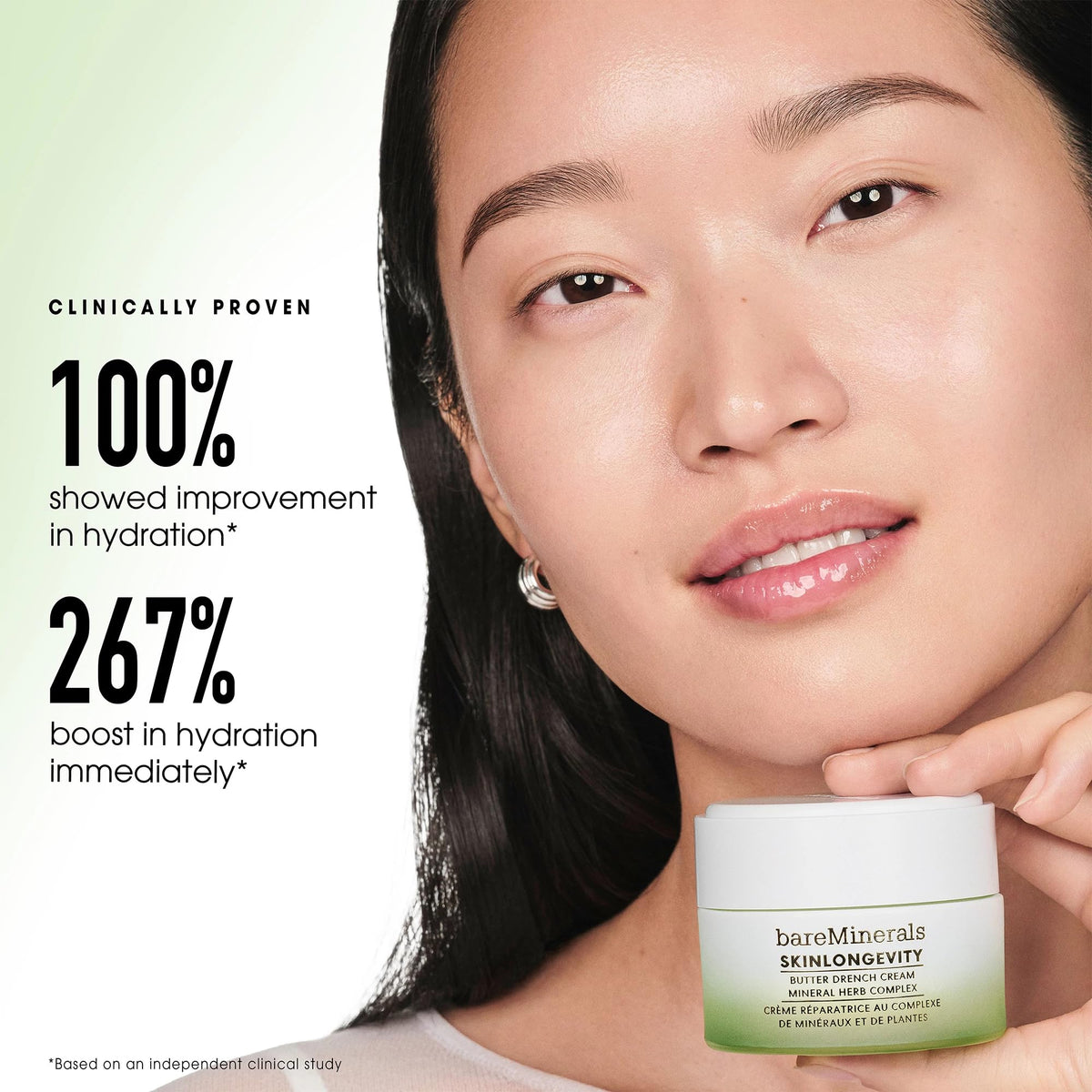 bareMinerals cream on fingers demonstrating easy spreadability and instant comfort