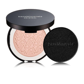 bareMinerals compact front view showing sleek case and logo benefit: portable coverage