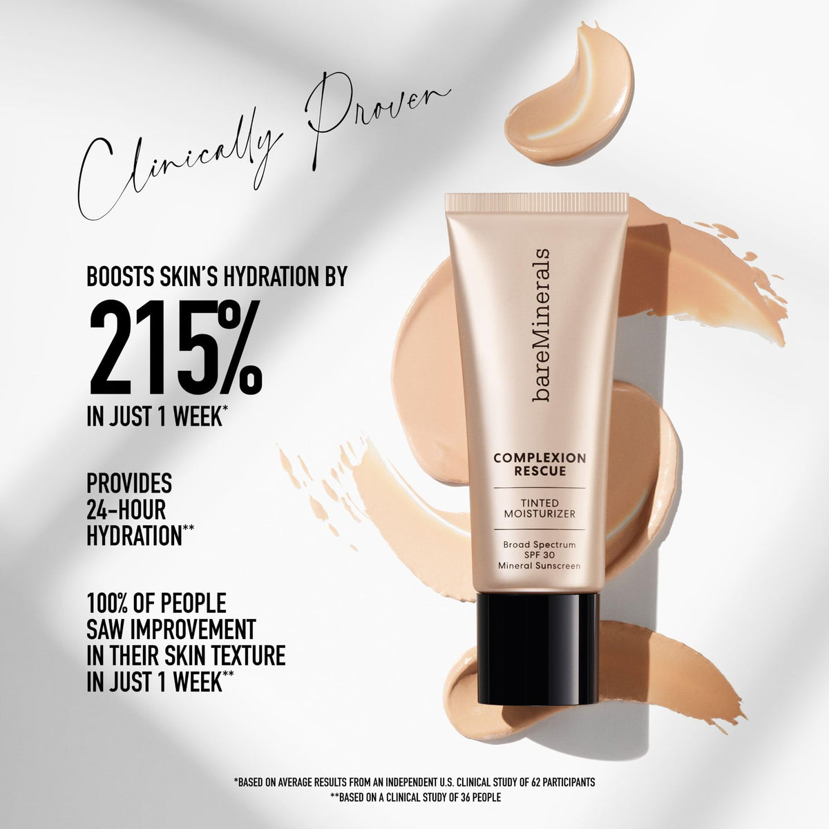 bareMinerals product spread on hand demonstrating blendability and coverage