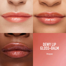 bareMinerals gloss-balm on lips displaying dewy sheen and natural sheer color