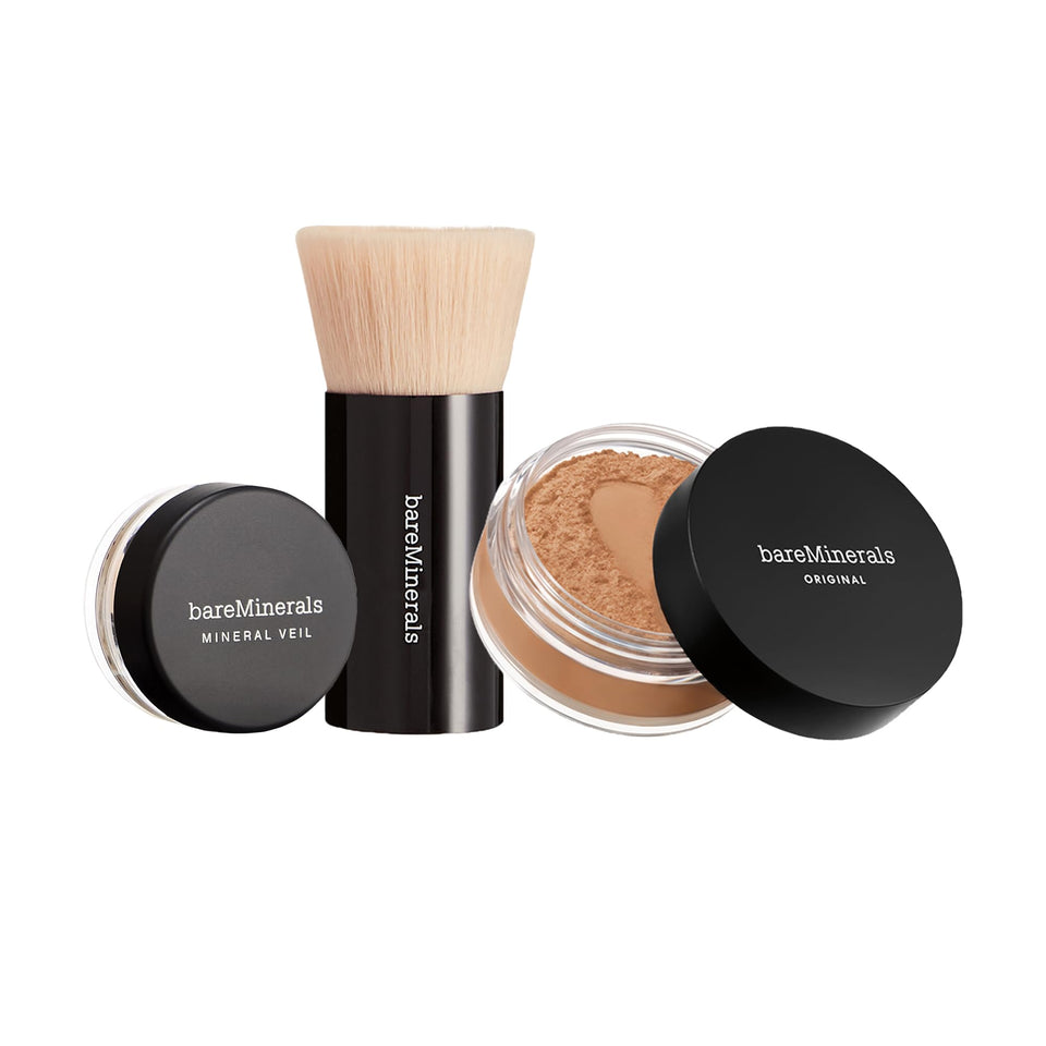 bareMinerals front packaging showing Medium Tan kit and brand clarity benefit