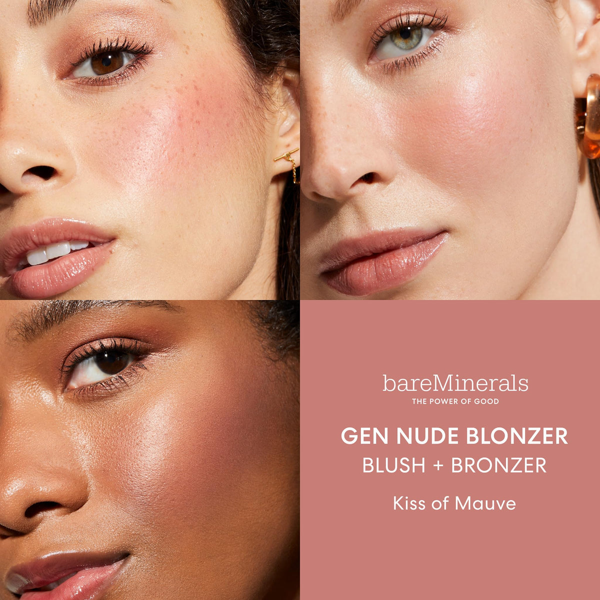 bareMinerals color swatch on arm displaying Kiss of Mauve rosy-bronze payoff