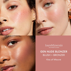 bareMinerals color swatch on arm displaying Kiss of Mauve rosy-bronze payoff