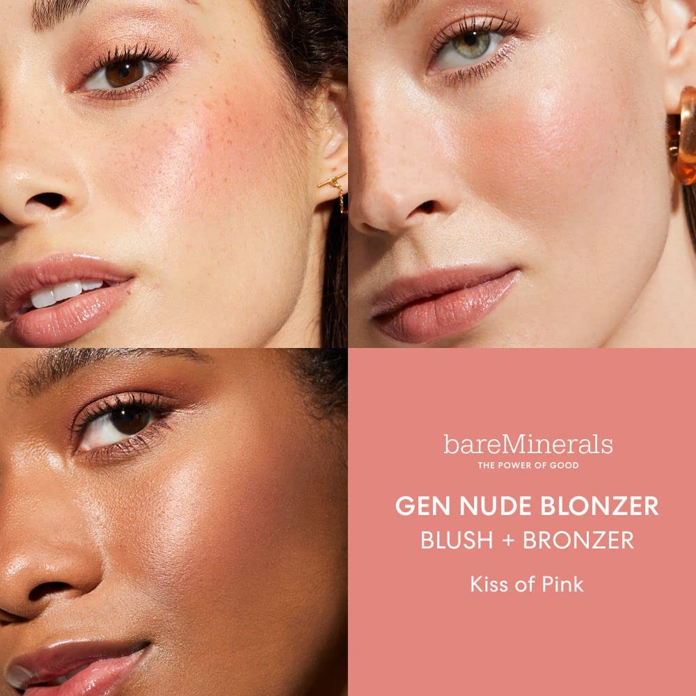 bareMinerals swatch on arm showing Kiss of Pink buildable rosy-bronze color payoff