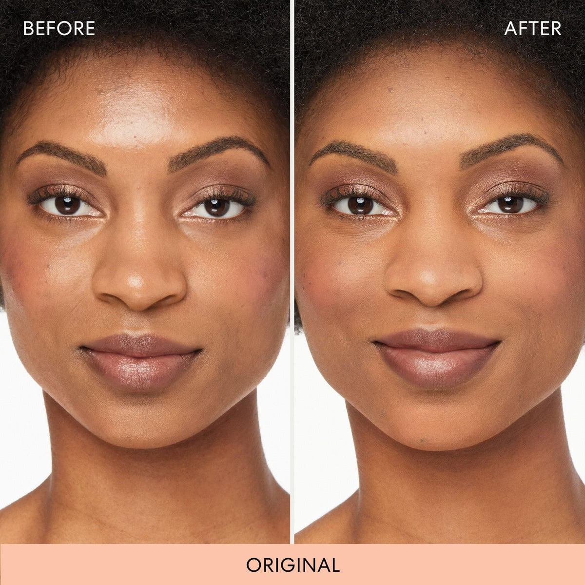 bareMinerals before and after close-up highlighting reduced shine and pores