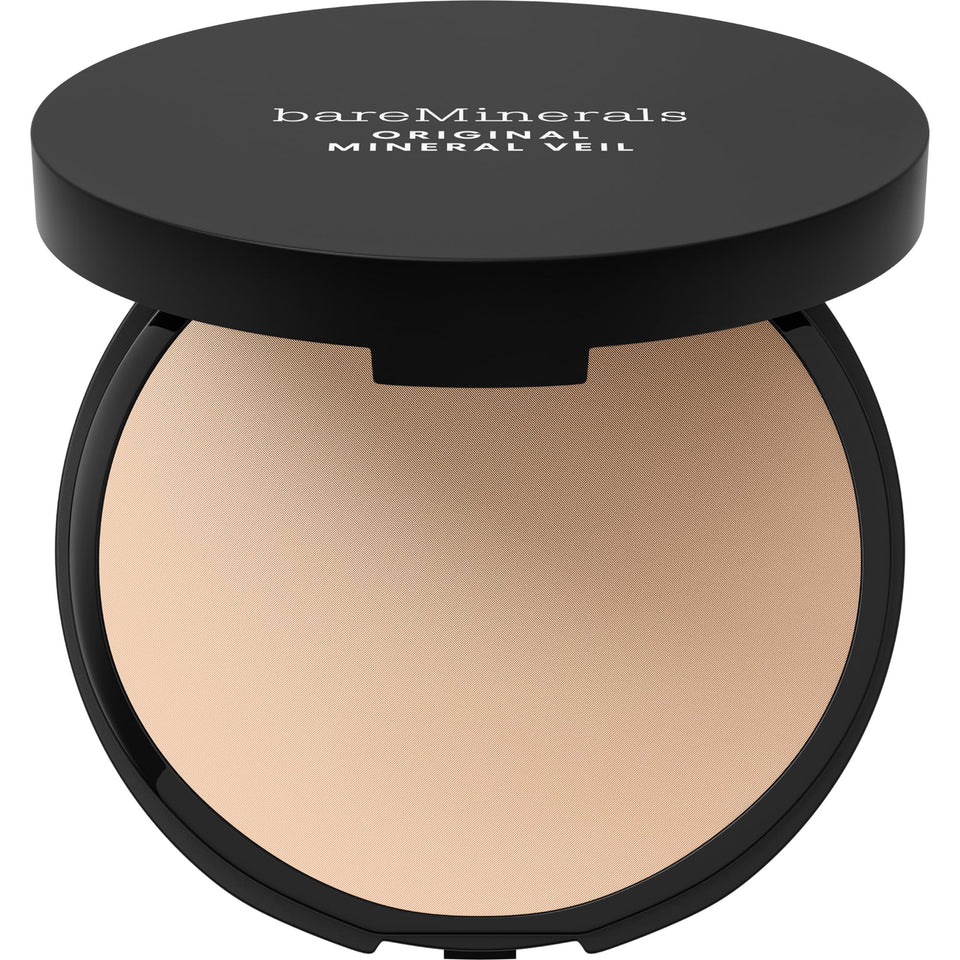 bareMinerals pressed powder compact front view showing sleek packaging and portability