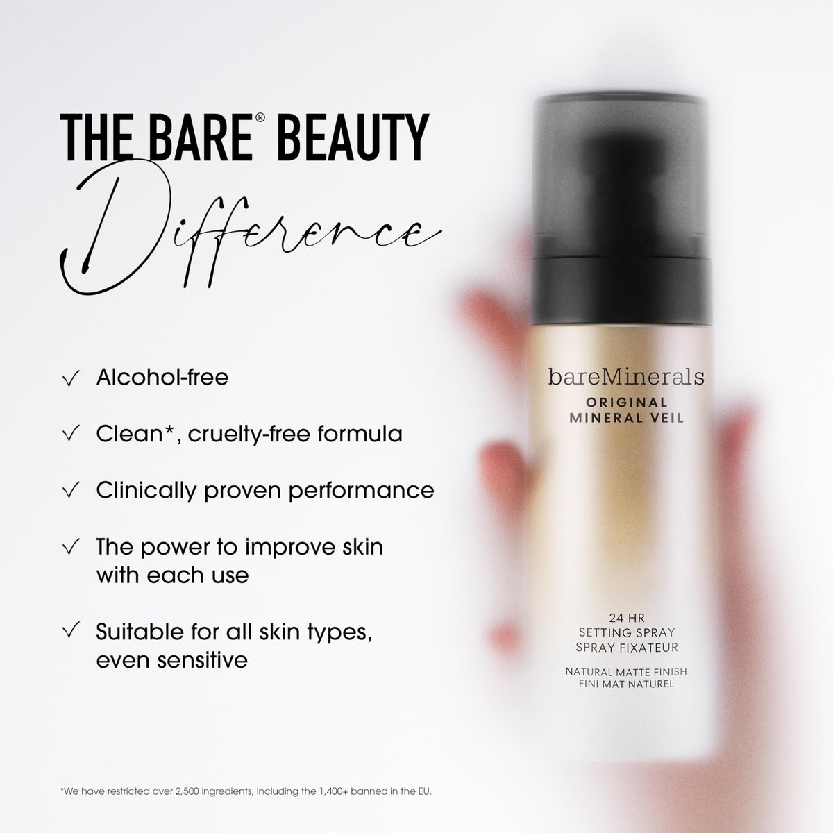 bareMinerals bottle on bathroom vanity, lifestyle shot suggesting daily routine ease