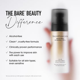 bareMinerals bottle on bathroom vanity, lifestyle shot suggesting daily routine ease
