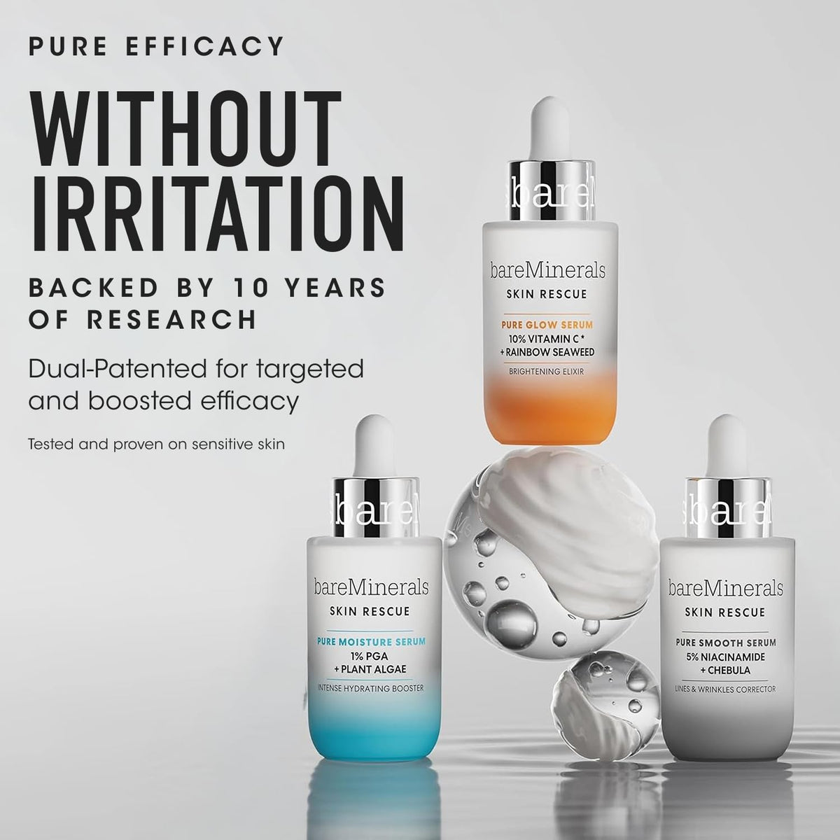 bareMinerals bottle beside plant algae emphasizing natural hydration support