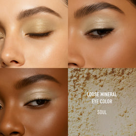 bareMinerals Soul on vanity with brushes showing wearable everyday to evening shimmer