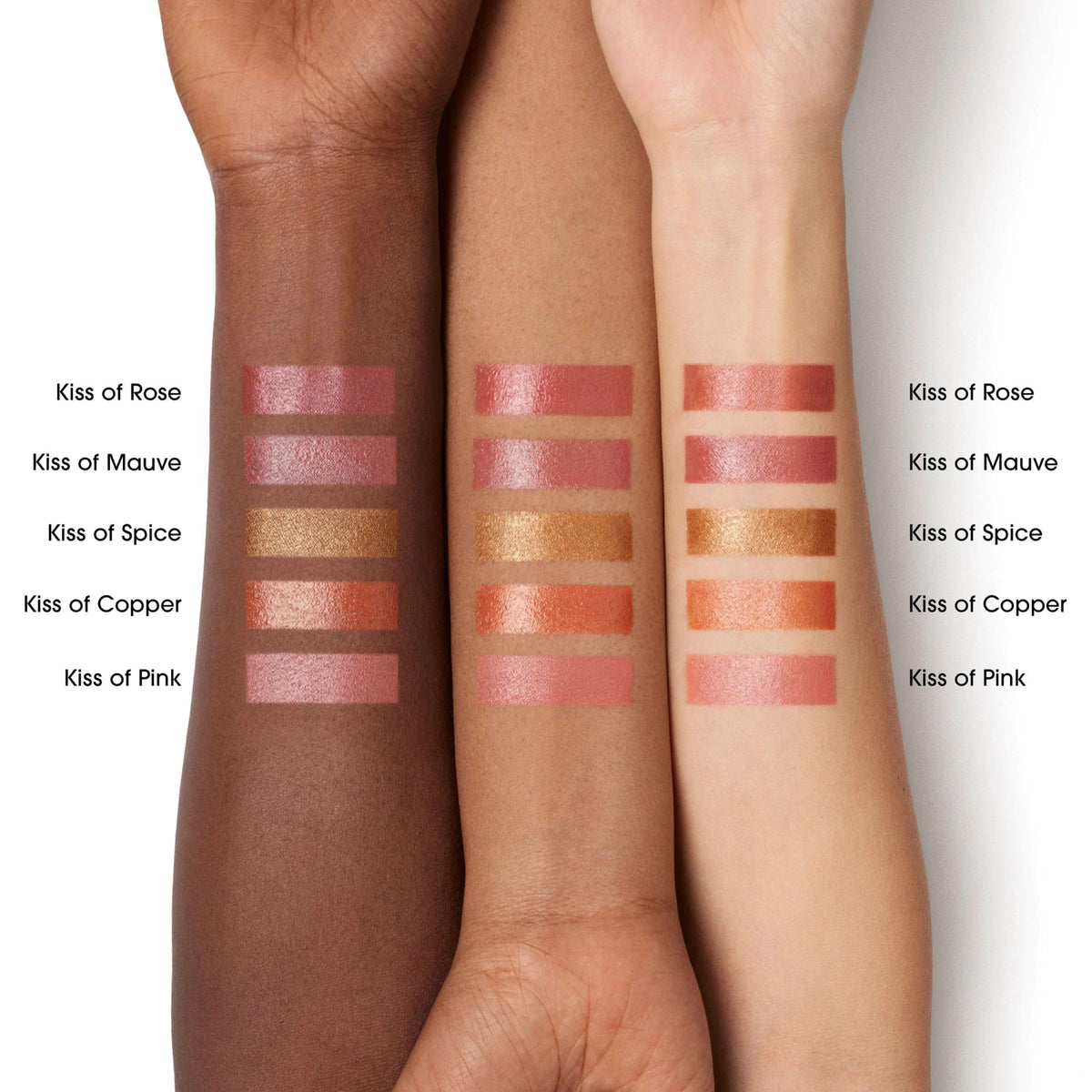 bareMinerals swatch on arm showing rosy-bronze payoff and buildability