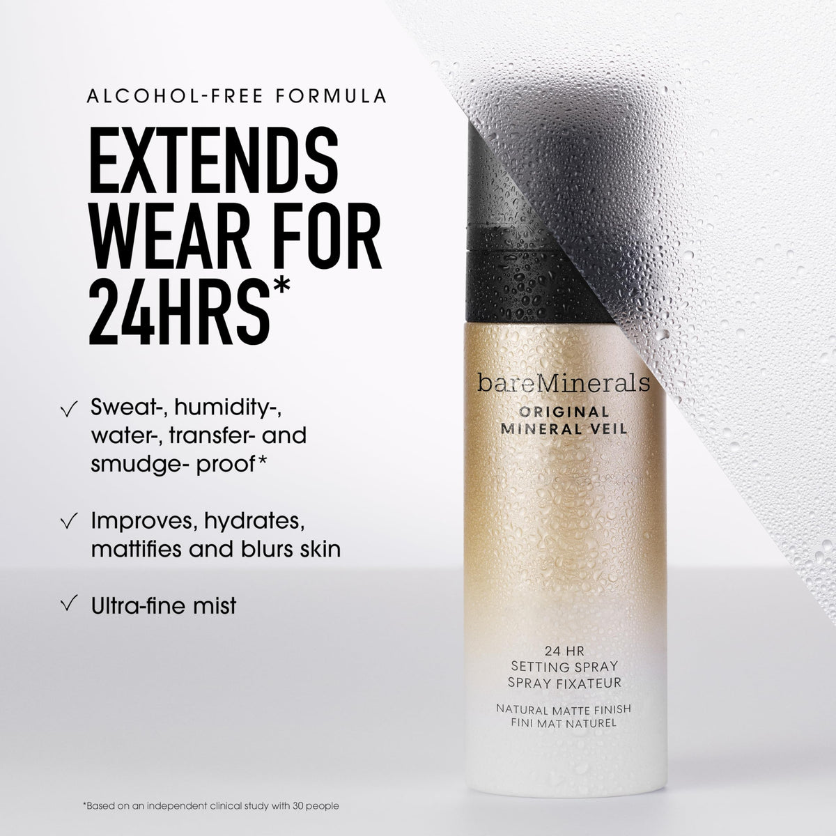 bareMinerals mist settling on skin texture, blurs pores and smooths appearance