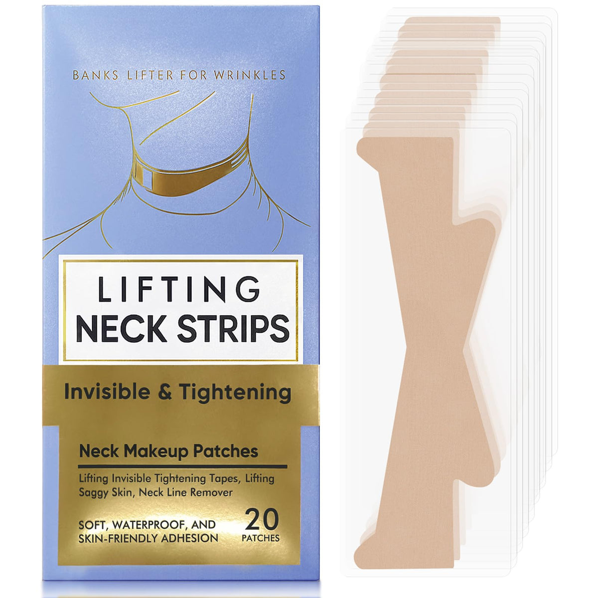 Barklytic front packaging showing 20 discreet neck lift strips for instant contouring