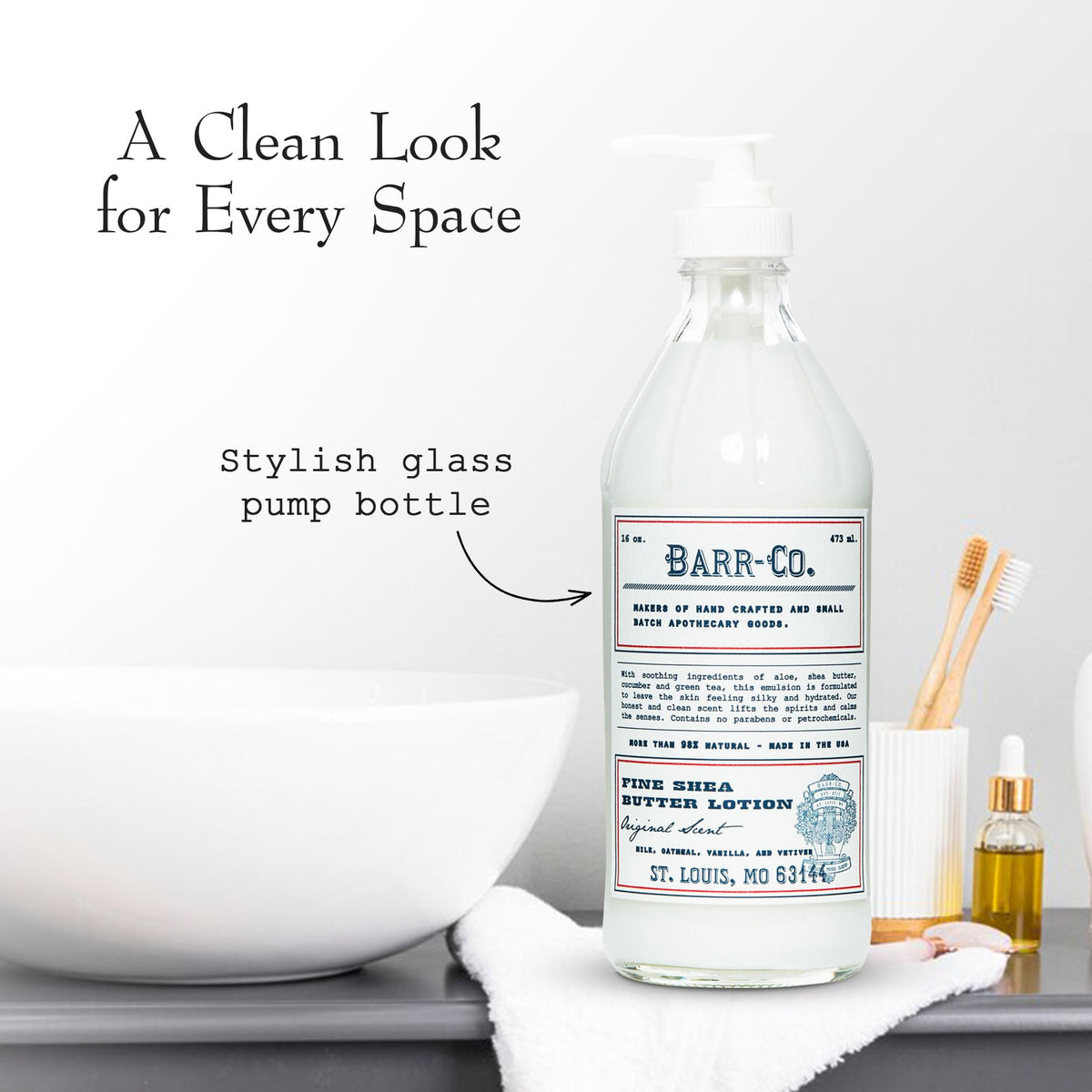 BARR-CO bottle in bathroom styling displaying reusable glass as decor benefit