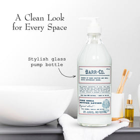 BARR-CO bottle in bathroom styling displaying reusable glass as decor benefit