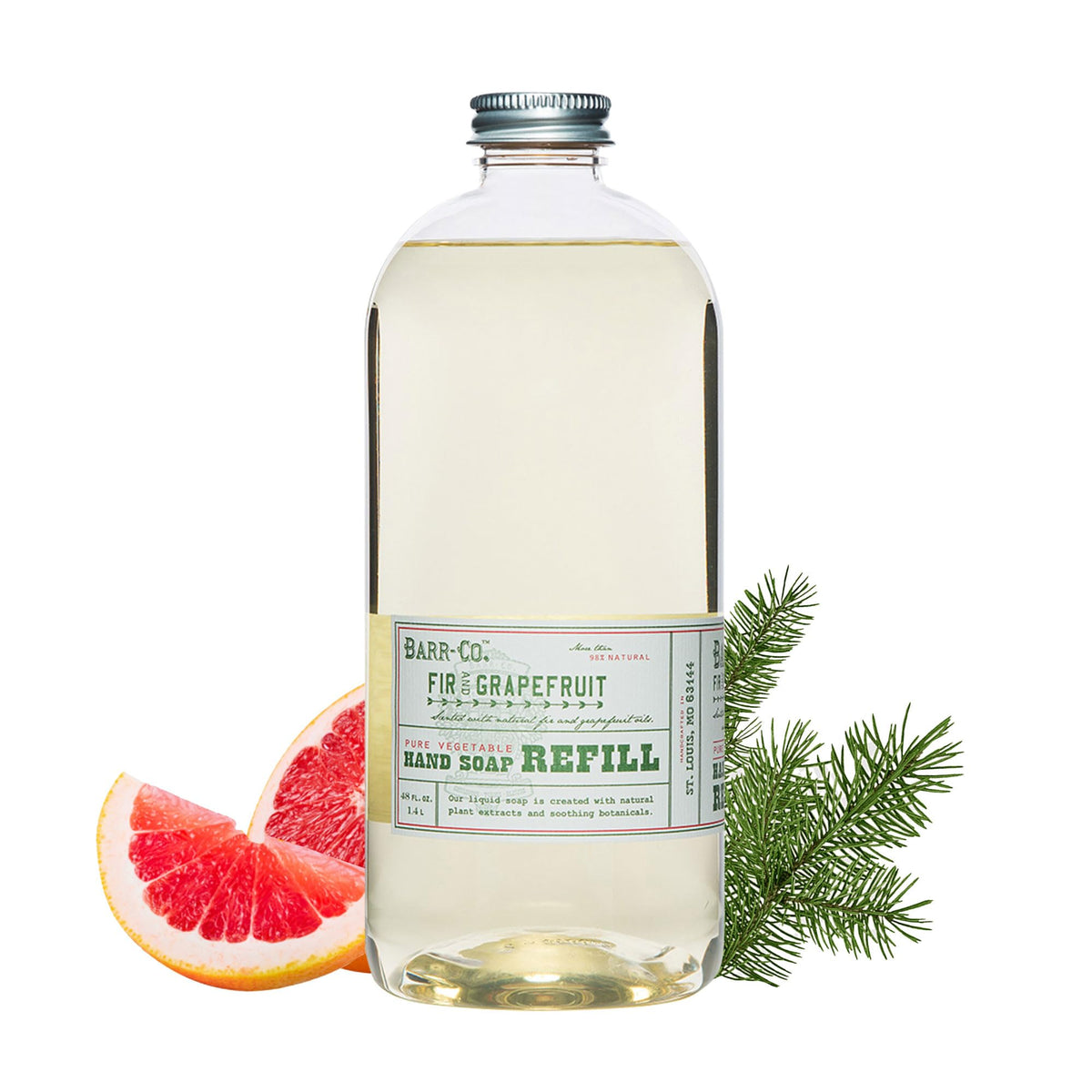 BARR-CO front label on 32 fl oz refill showing scent and benefits