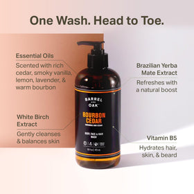 Barrel & Oak bottle being used in shower demonstrating convenient all-in-one use