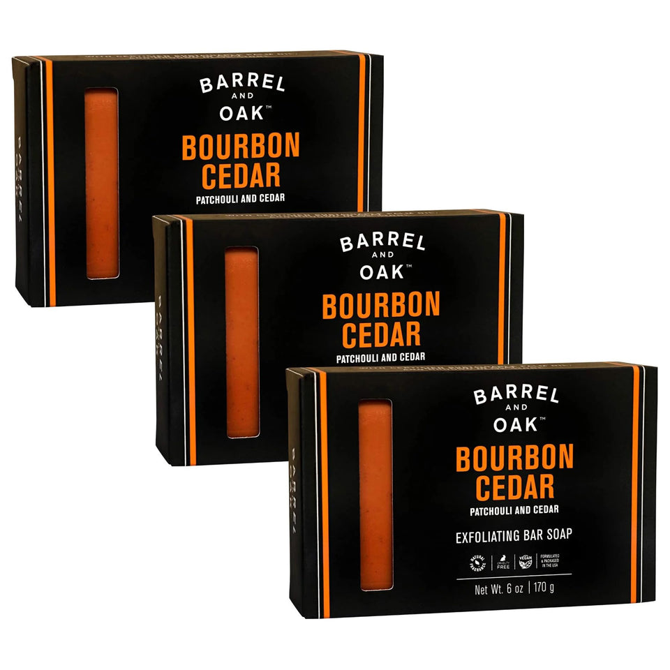 Barrel & Oak front packaging showing three Bourbon Cedar bars and bold branding for shelf appeal