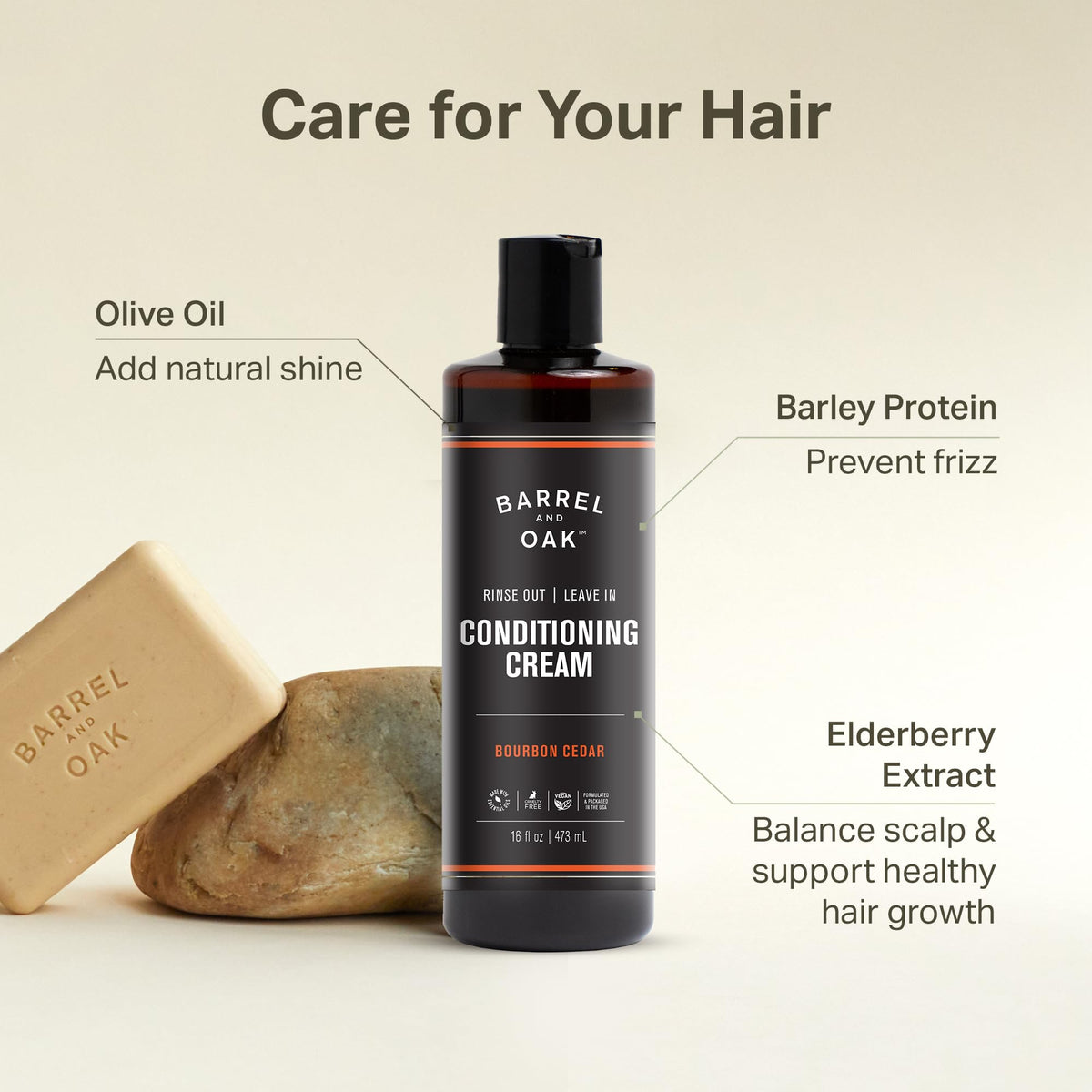 Barrel & Oak close-up pump and label highlighting clean ingredients and recyclable packaging benefit