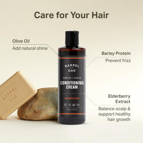 Barrel & Oak close-up pump and label highlighting clean ingredients and recyclable packaging benefit