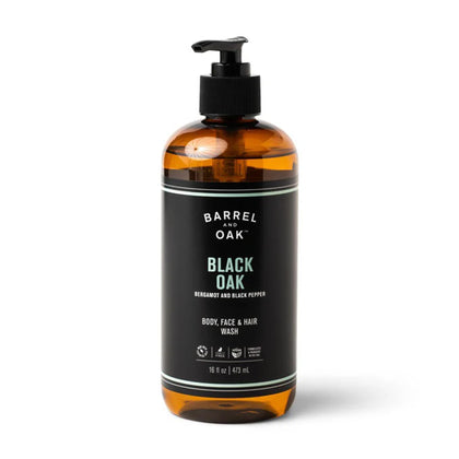 Barrel & Oak bottle front view showing black oak scent and functional design benefits
