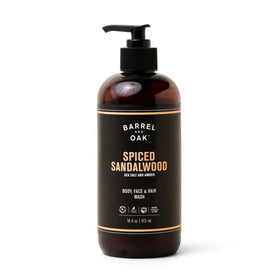 Barrel & Oak front packaging showing spiced sandalwood scent and 16 oz size, easy grooming