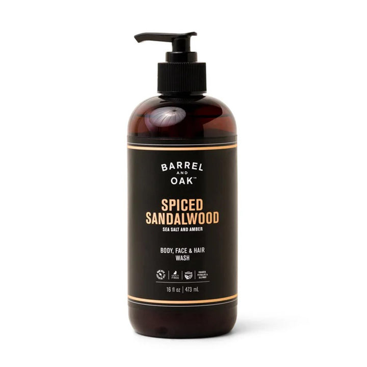 Barrel & Oak front packaging showing spiced sandalwood scent and 16 oz size, easy grooming