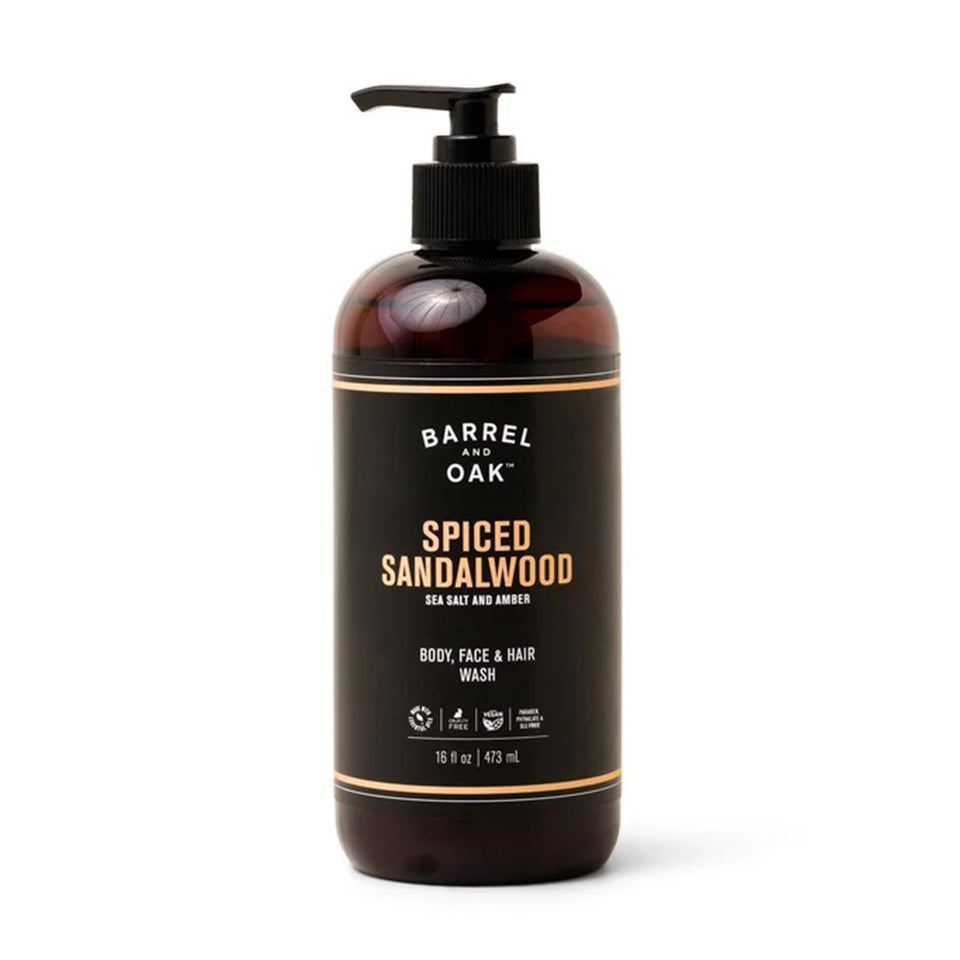 Barrel & Oak front packaging showing spiced sandalwood scent and 16 oz size, easy grooming