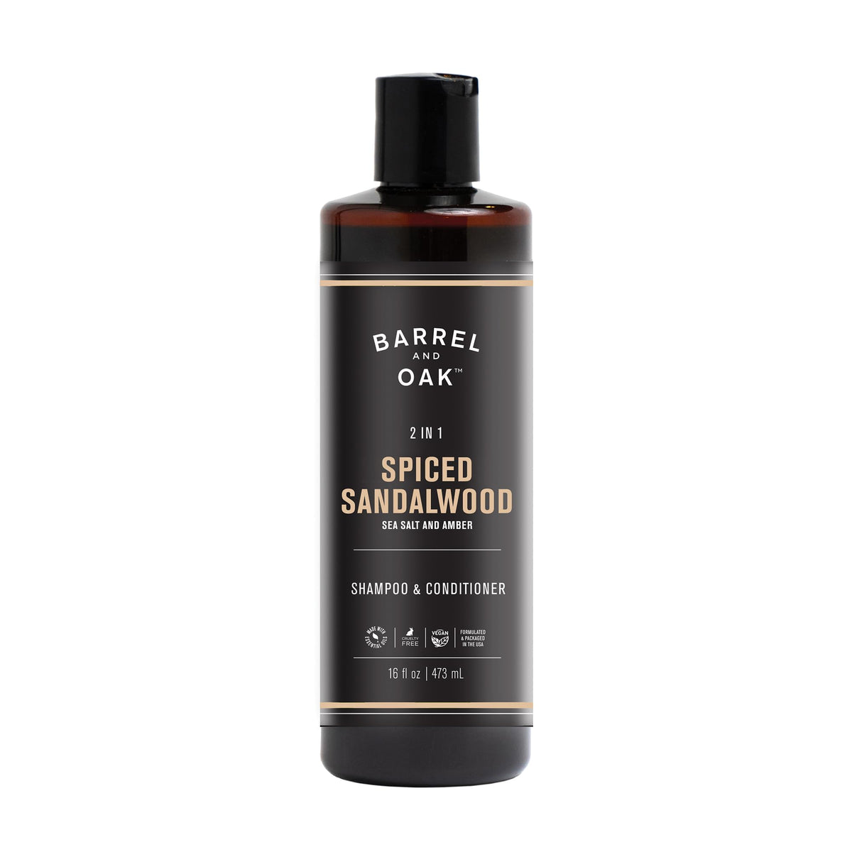Barrel & Oak front packaging showing spiced sandalwood scent and 16 oz size benefit