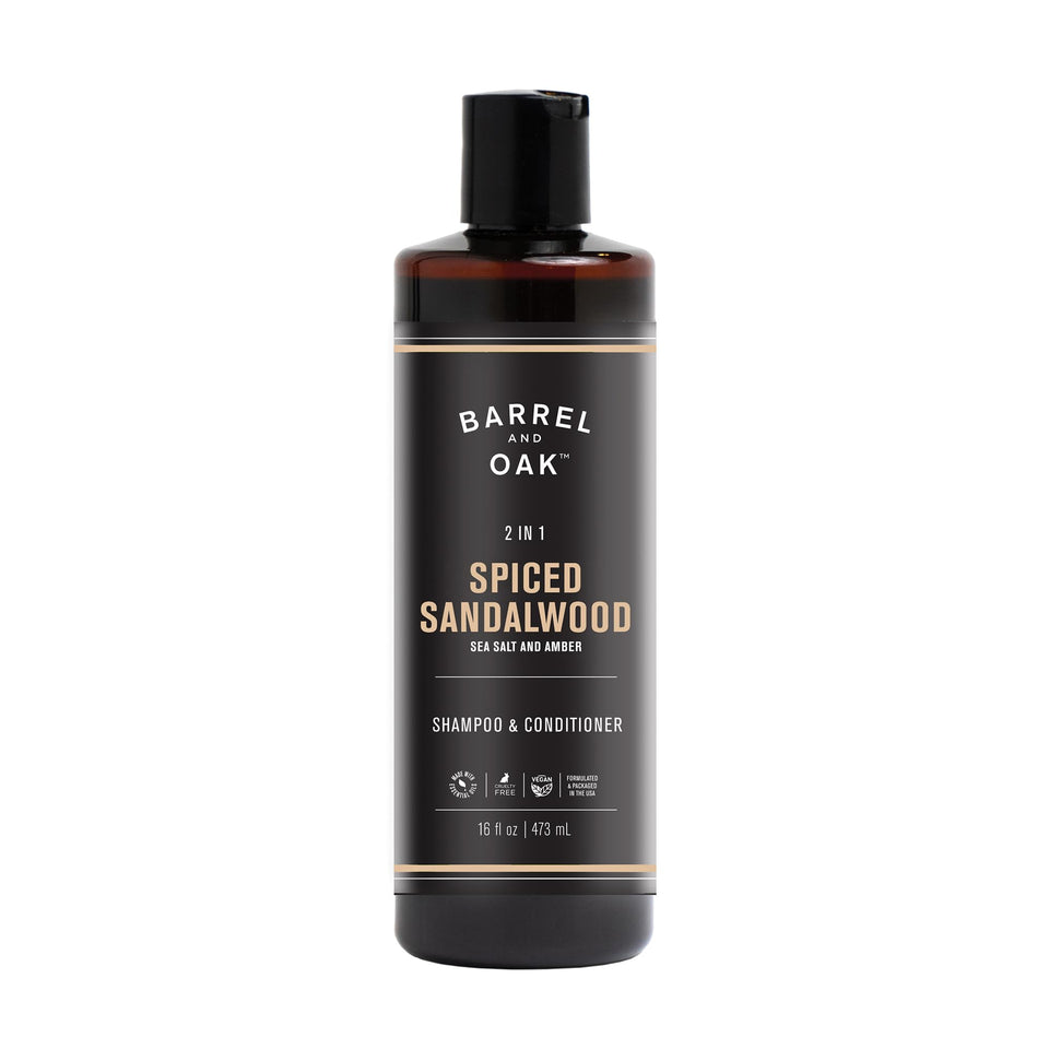 Barrel & Oak front packaging showing spiced sandalwood scent and 16 oz size benefit