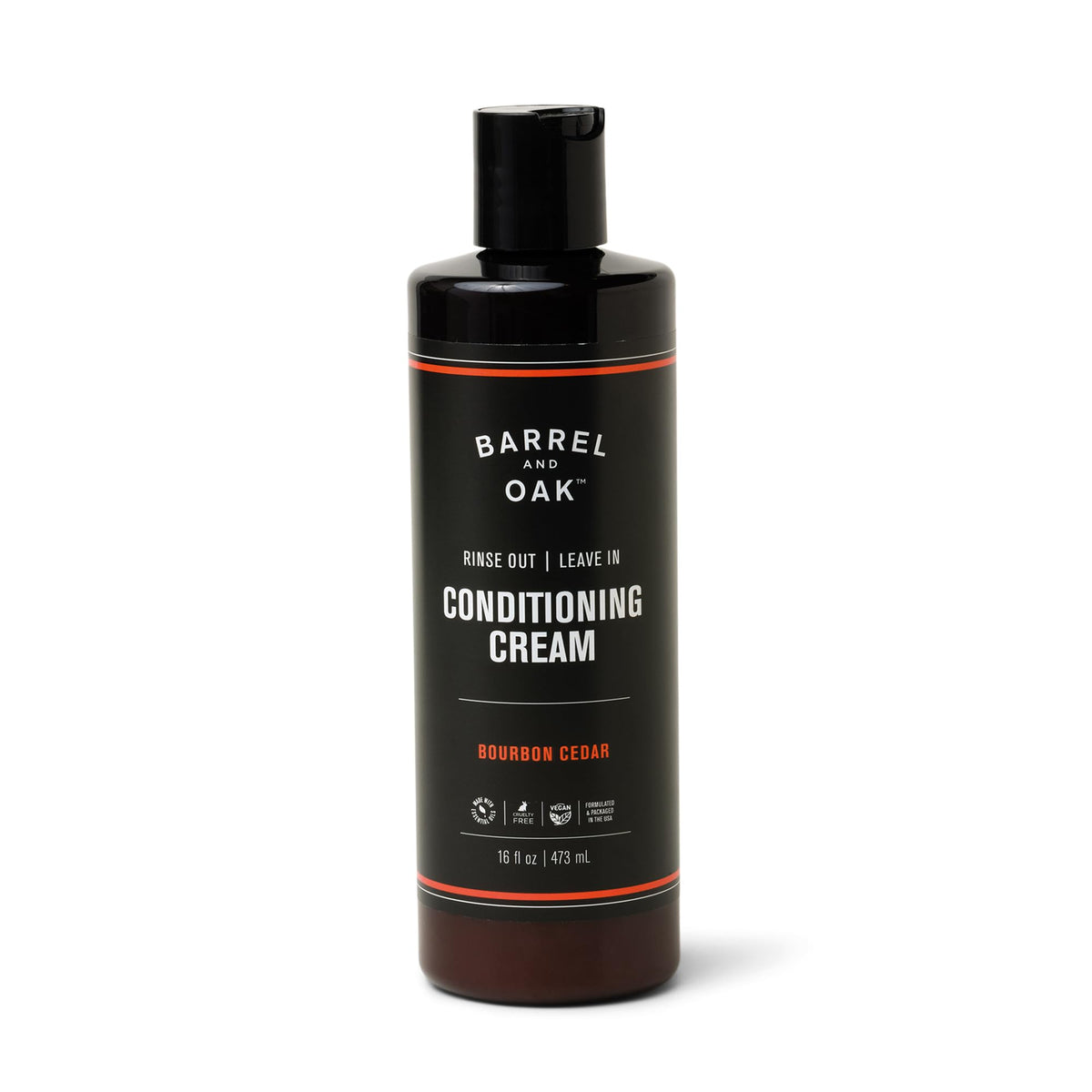 Barrel & Oak front packaging showing 16 oz bottle and bourbon cedar branding for confident grooming
